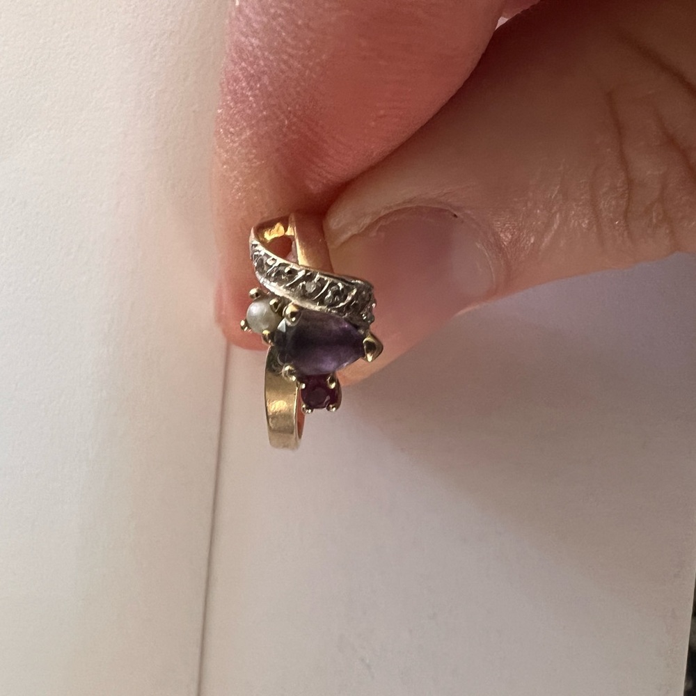 Bolzano 10k Gold Ring With, Small Pearl, Small Ruby, Mod Brilliant Cut Amathist.